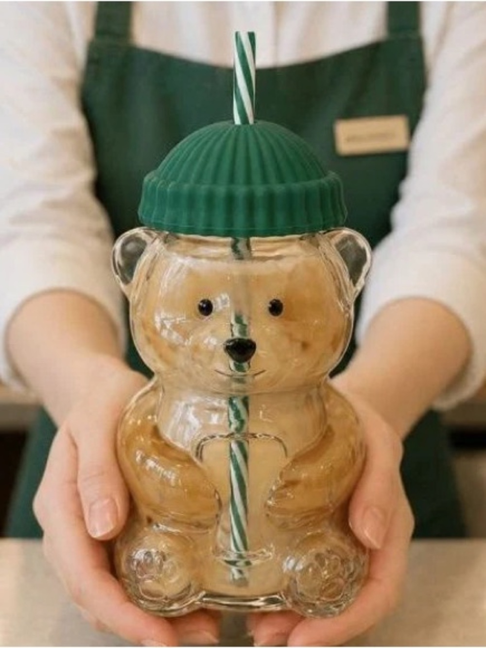 BRAND NEW WITH TAGS Bear Glass Tumbler with Green Lid
